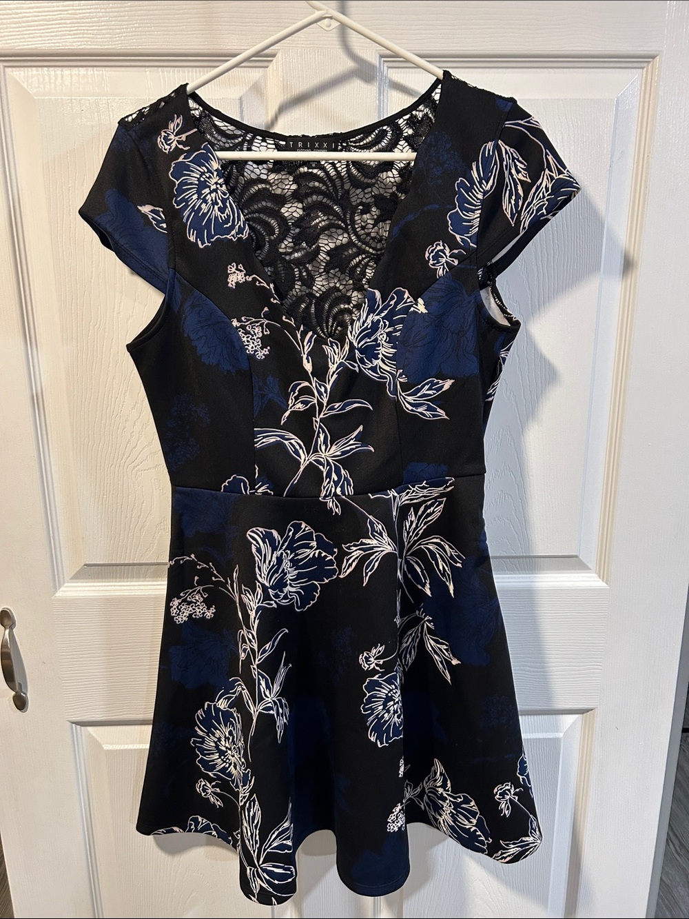 Trixxi Black and Navy Floral Lace Fit & Flare Dress